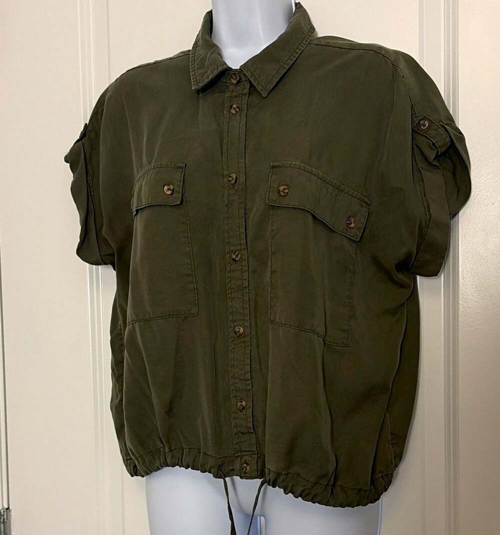 Womens Green Lyocell Button-Up Collared Rolled Short Sleeve Drawstring Hem L